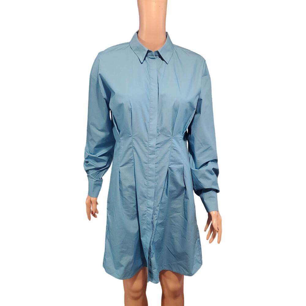 NA-KD NAKD Size S (36) Blue Gathered Mini Cotton Shirt Dress